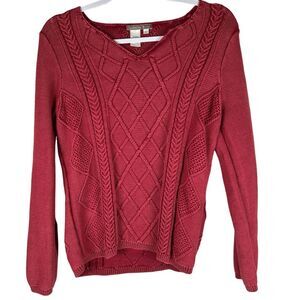 Isabella Bird Vintage Red Cable Knit 100% Cotton Notch Neck Sweater Size Medium